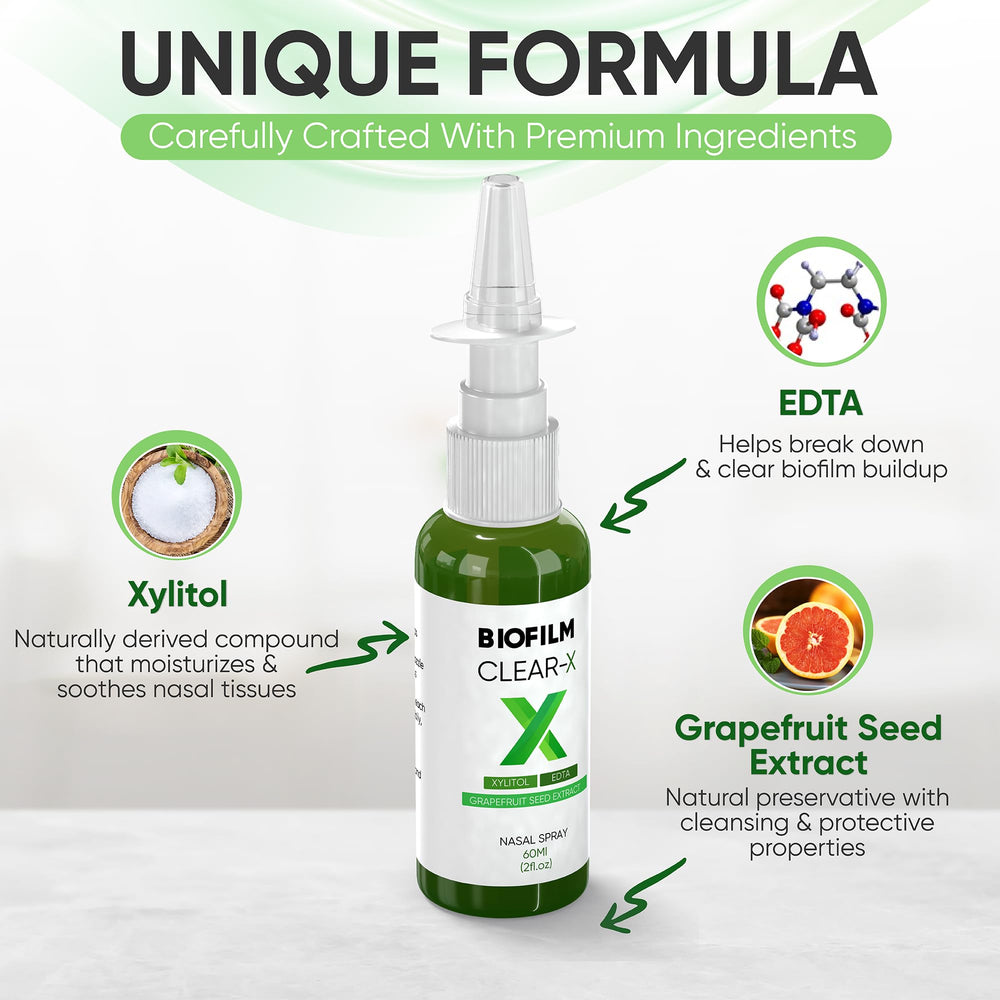 BioFilm Clear persona aplicando spray nasal demostrando uso diario sencillo