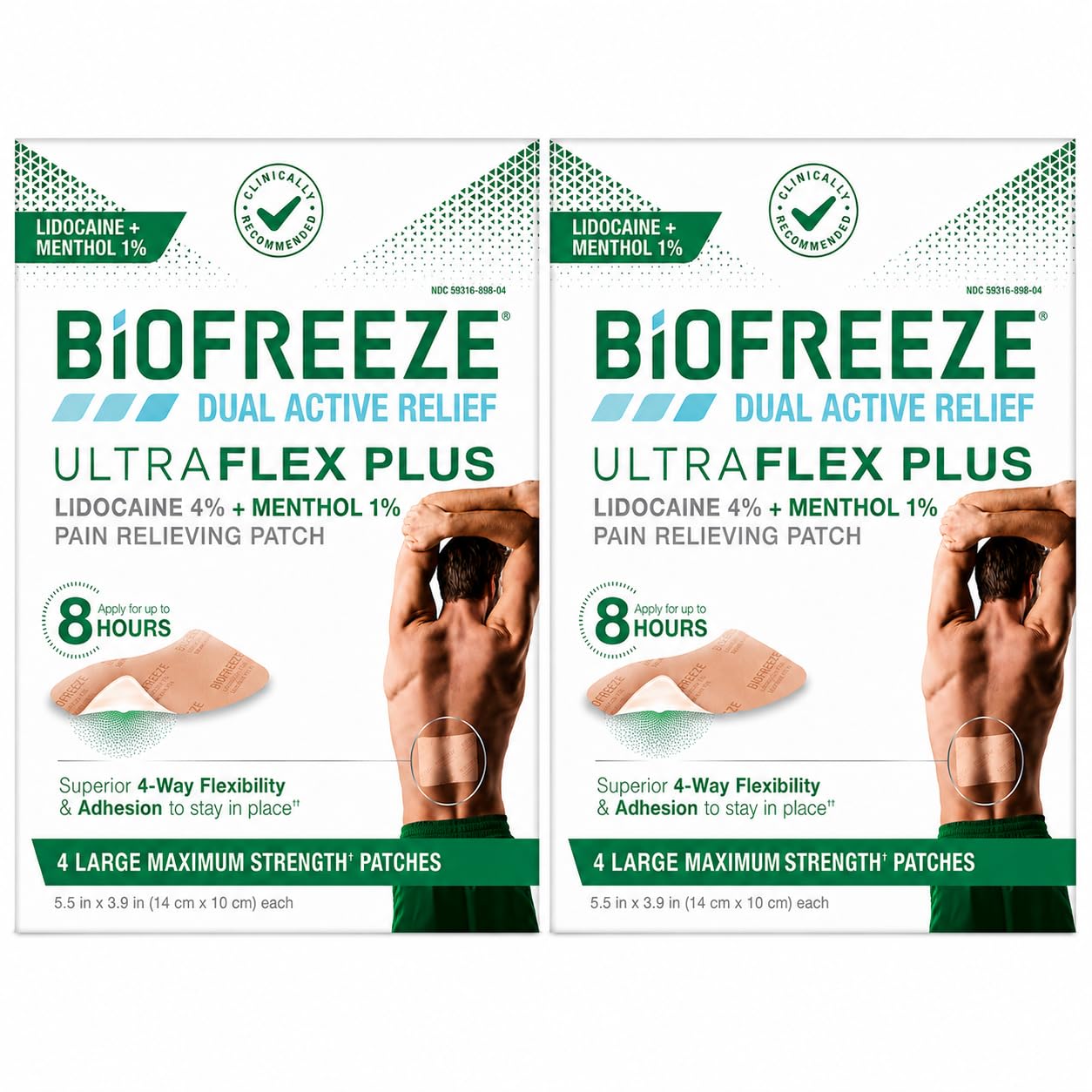 Biofreeze parche frontal y empaque mostrando tamaño y cantidad