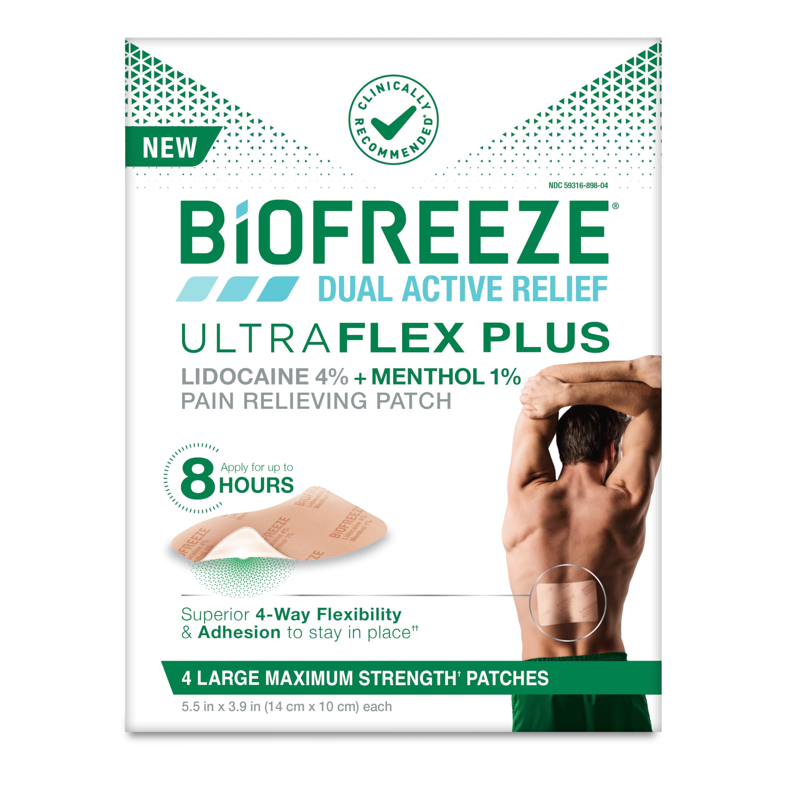 Biofreeze empaque frontal mostrando parches grandes, ideal para alivio localizado