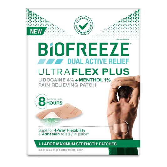 Biofreeze empaque frontal mostrando parches grandes, ideal para alivio localizado