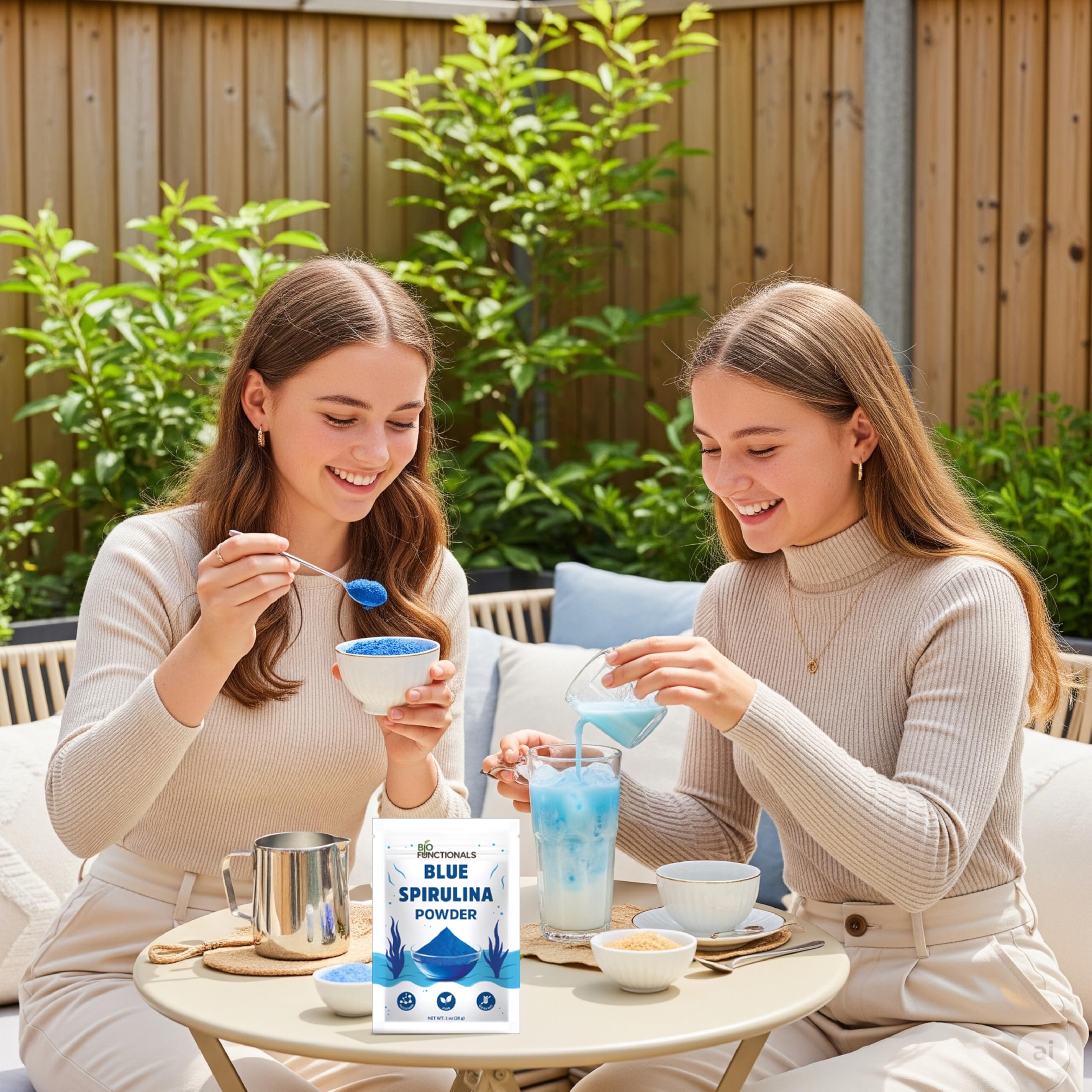 Biofunctionals espirulina azul junto a cuchara para ver tamaño y rendimiento