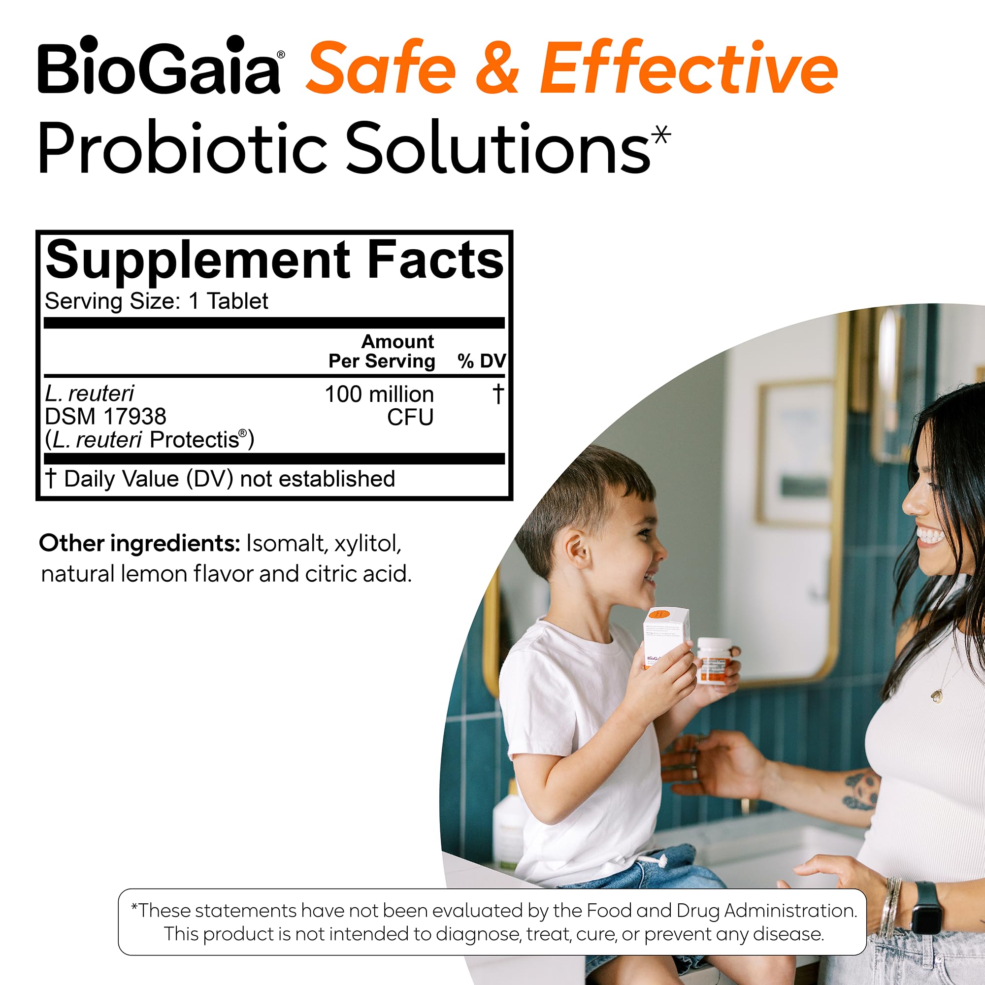 Caja abierta de BioGaia con tabletas visibles, presentación lista para usar