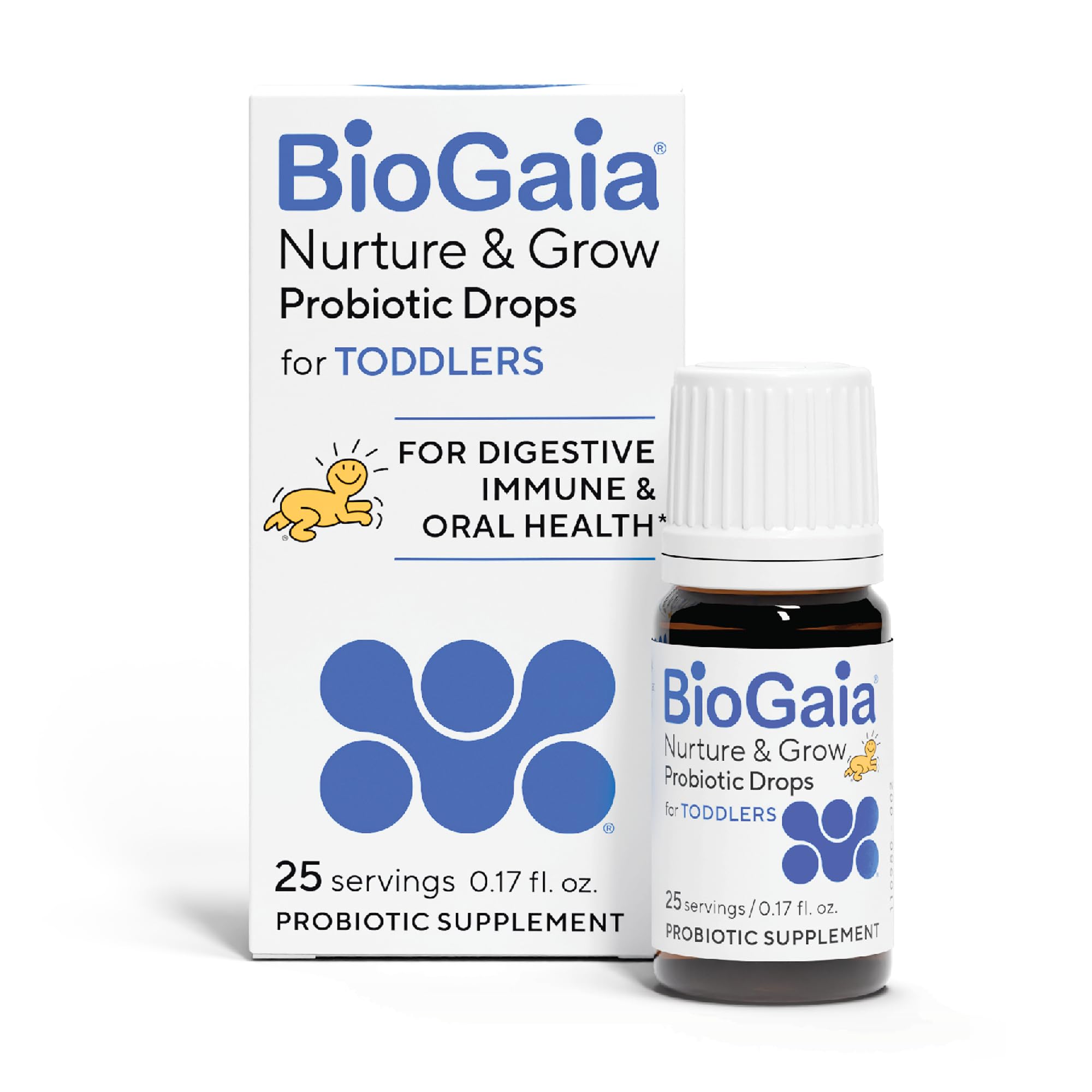 BioGaia frasco frontal mostrando etiqueta clara y beneficio de administración fácil