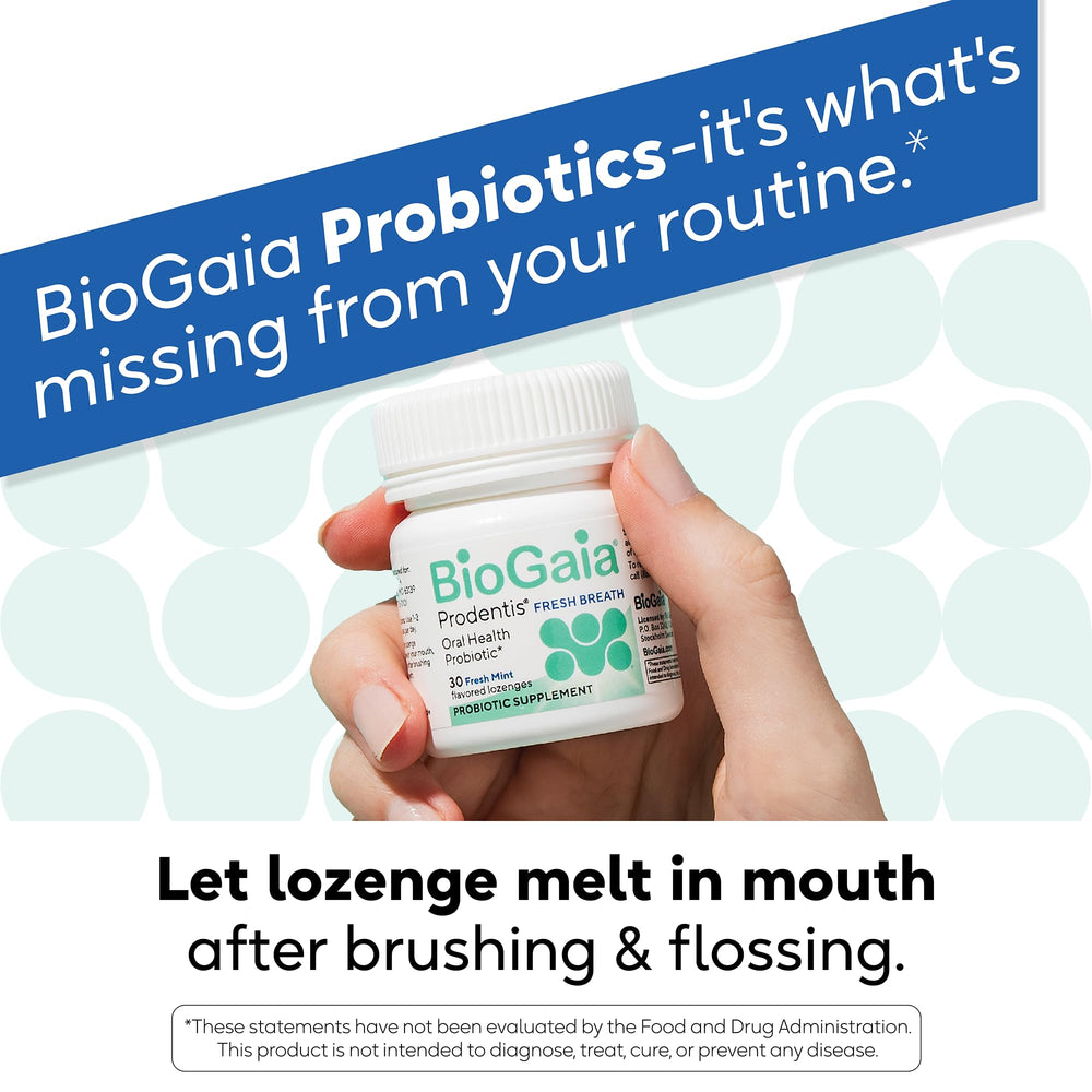 BioGaia Prodentis en baño estilo lifestyle transmite rutina sencilla