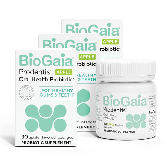 BioGaia Prodentis embalaje frontal mostrando diseño y beneficio de cuidado bucal