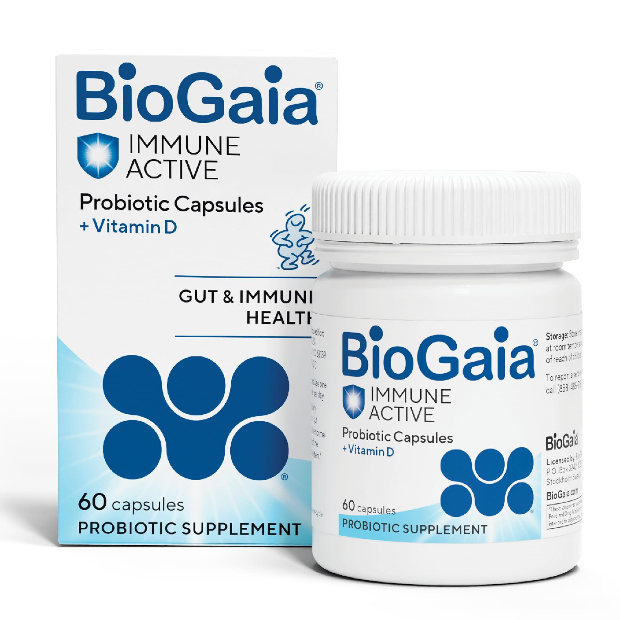 BioGaia envase frontal mostrando probiótico y vitamina D, apoyo diario