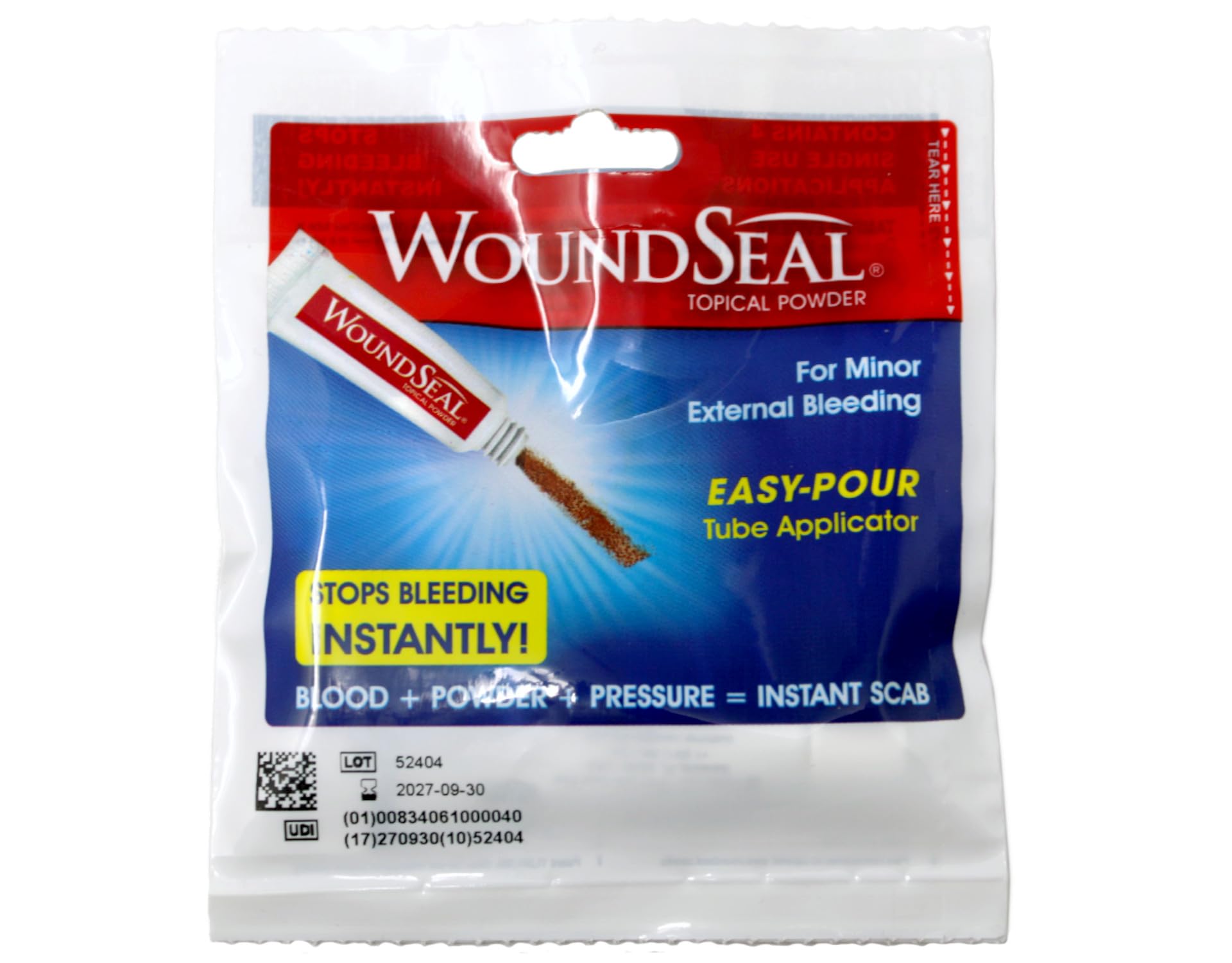 Biolife WoundSeal vista frontal del paquete, solución hemostática portable