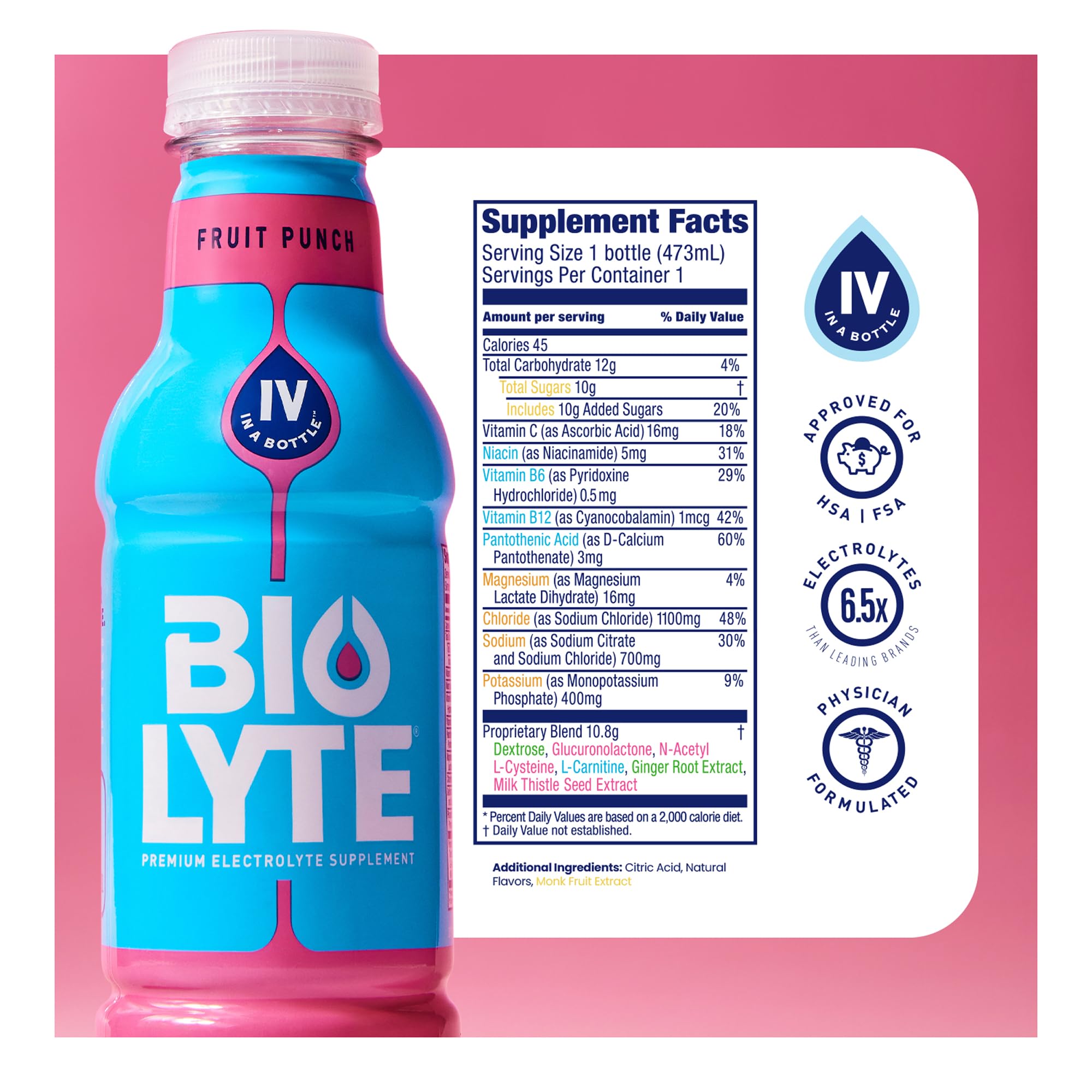 BIOLYTE vertiéndose en un vaso para mostrar color y facilidad de uso