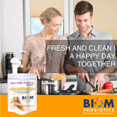 Biom Probiotics etiqueta de producto con lista de ingredientes y confianza