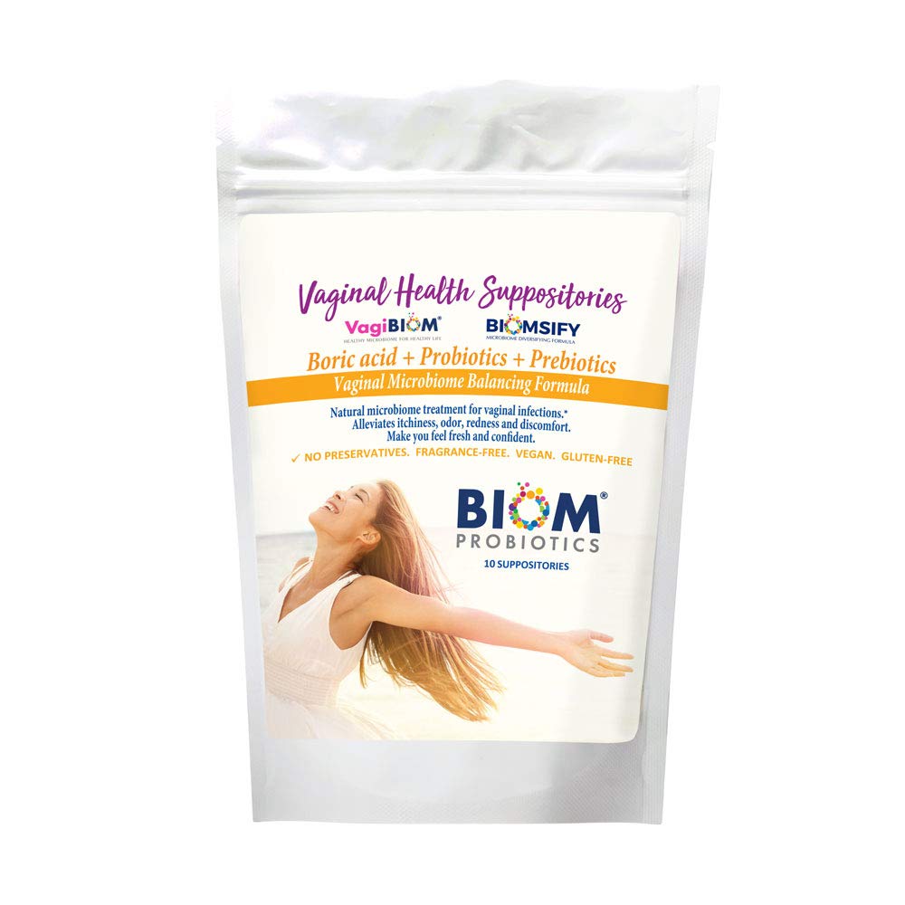 Biom Probiotics frontal del empaque mostrando 10 supositorios y beneficios visibles