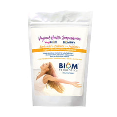 Biom Probiotics frontal del empaque mostrando 10 supositorios y beneficios visibles