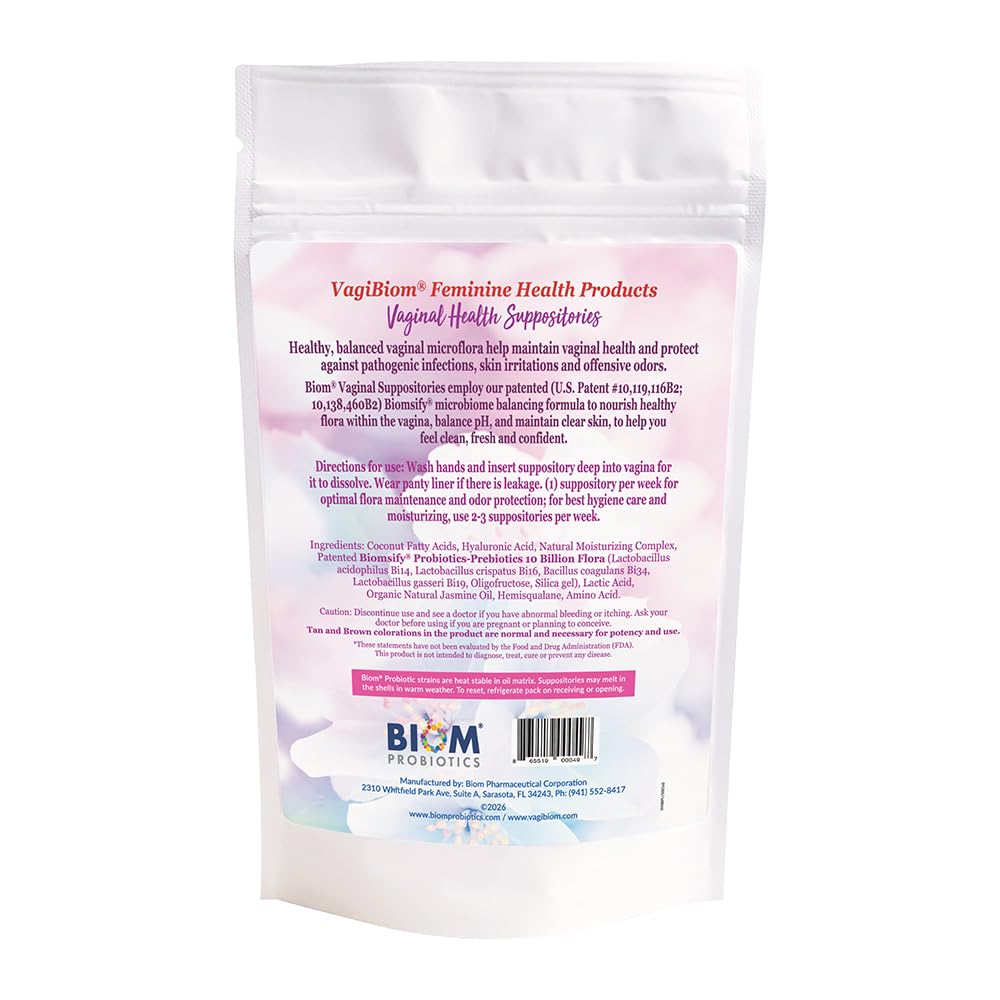 Biom Probiotics VagiBIOM primer plano del supositorio y textura hidratante