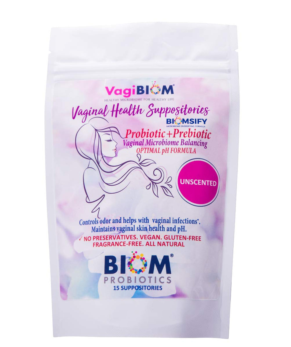 Biom Probiotics envase frontal mostrando 15 supositorios y beneficios