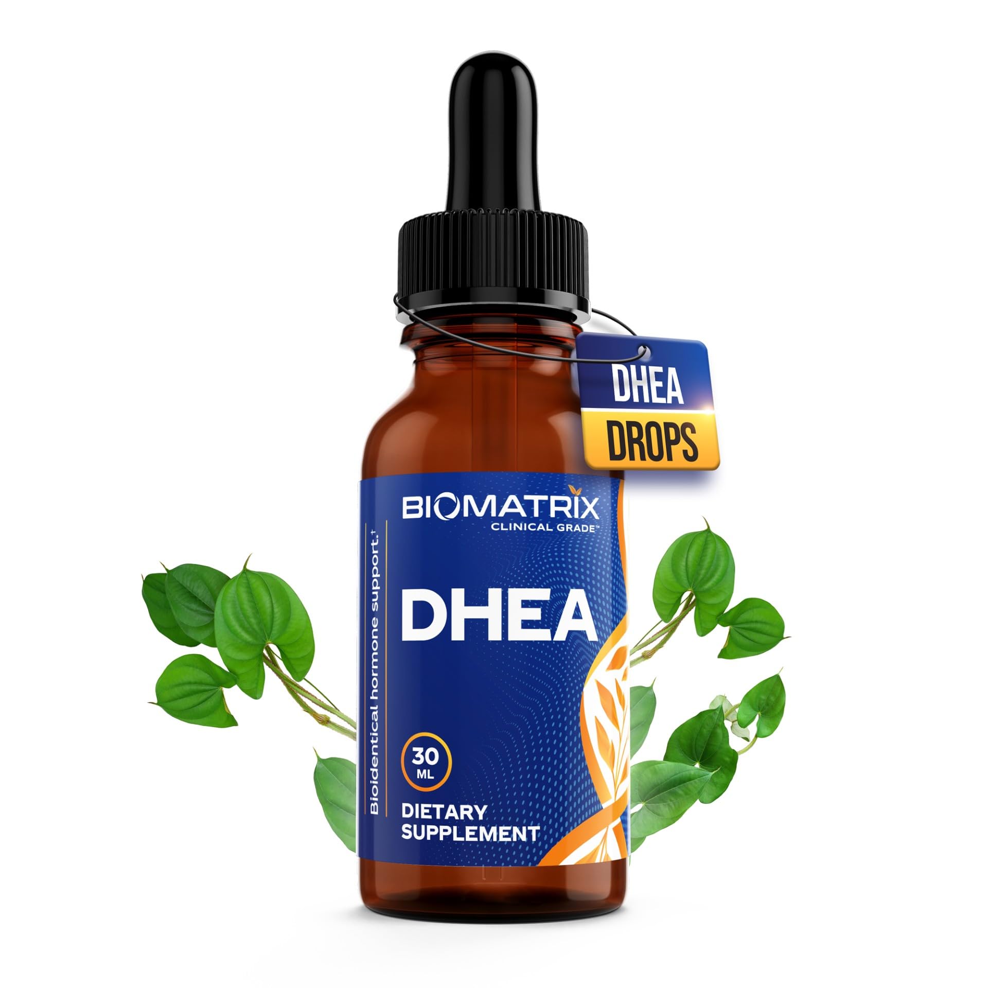 BioMatrix frasco frontal de gotas DHEA mostrando etiquetado claro