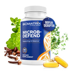 BioMatrix frente del envase Microb-Defend mostrando beneficios y 90 cápsulas