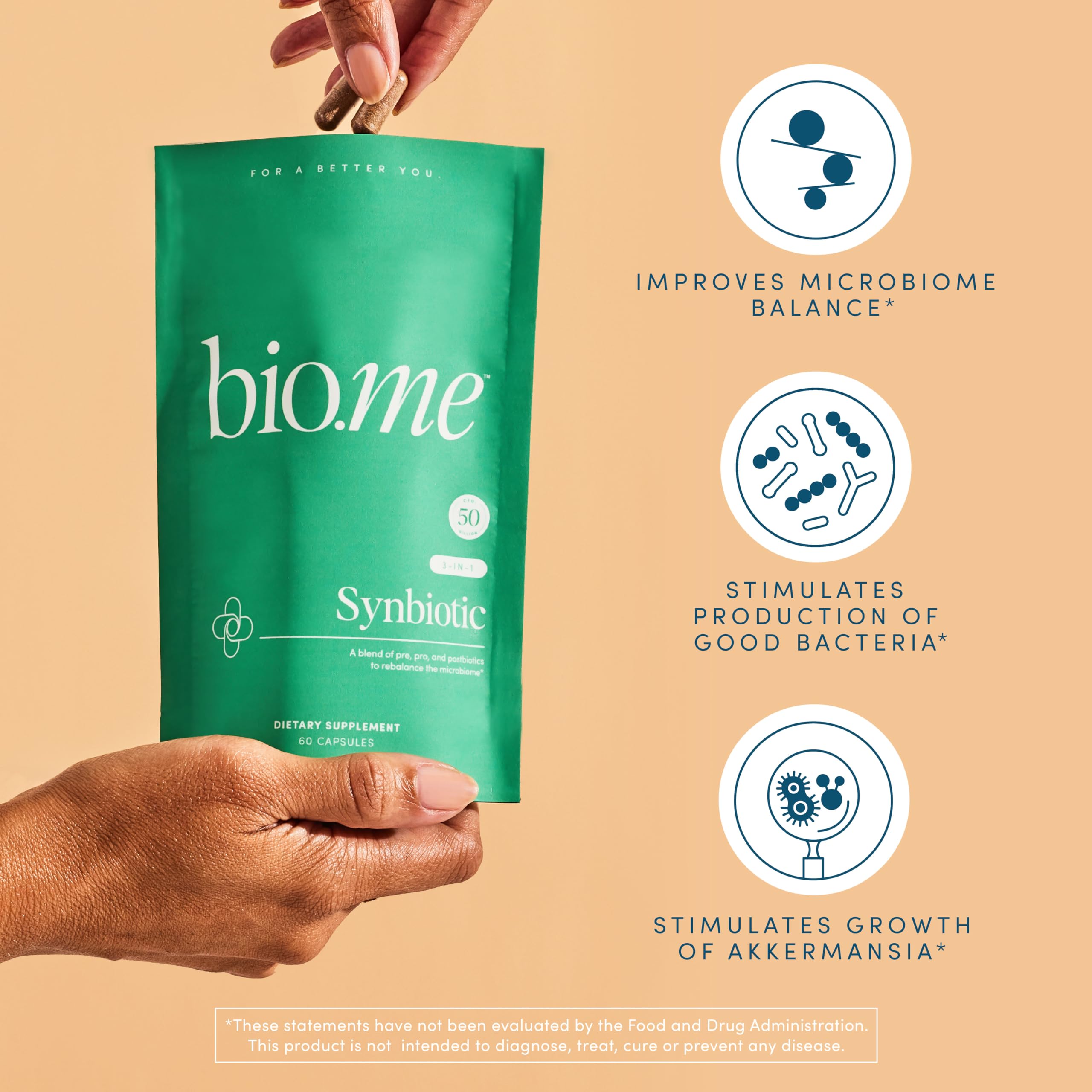 Bio.me frasco abierto con cápsulas visibles para confort intestinal