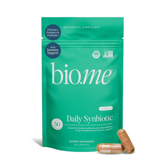 Bio.me frasco frontal mostrando etiqueta clara y beneficio digestivo