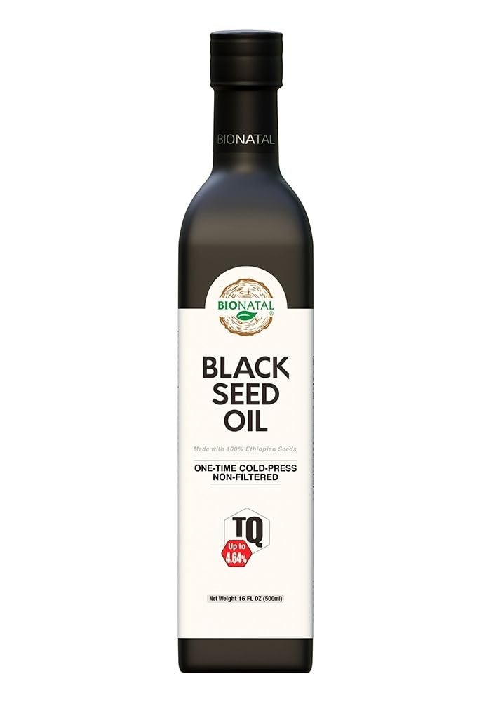 BioNatal botella frontal mostrando aceite de semilla negra y etiqueta clara