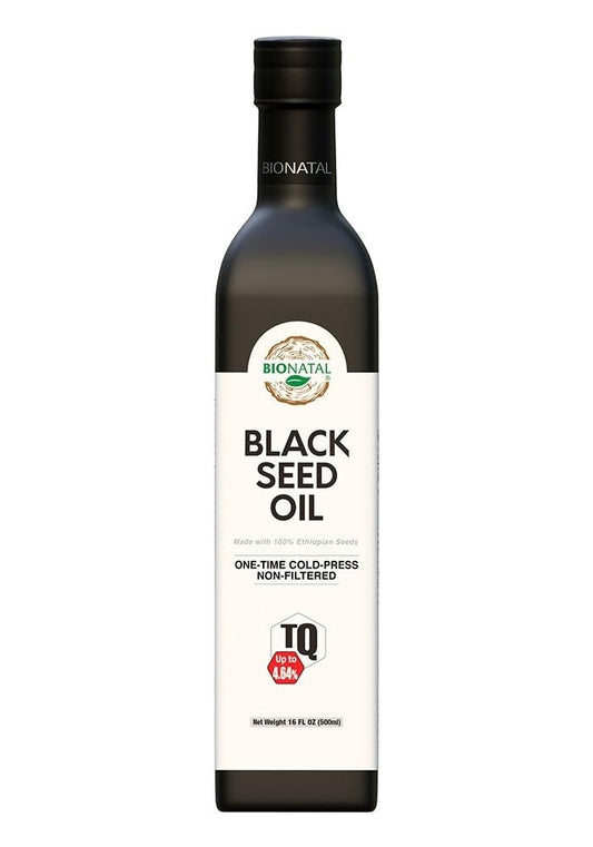 BioNatal botella frontal mostrando aceite de semilla negra y etiqueta clara