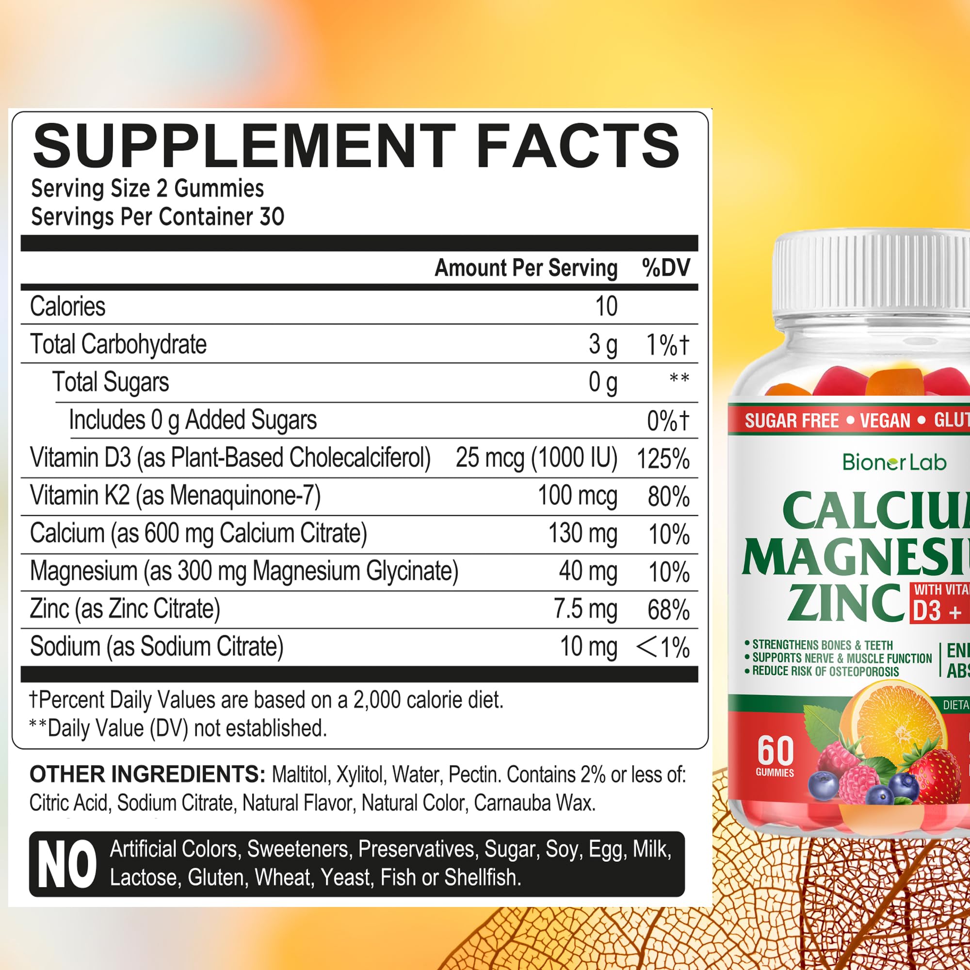 BionerLab ingredientes principales calcio magnesio zinc en primer plano
