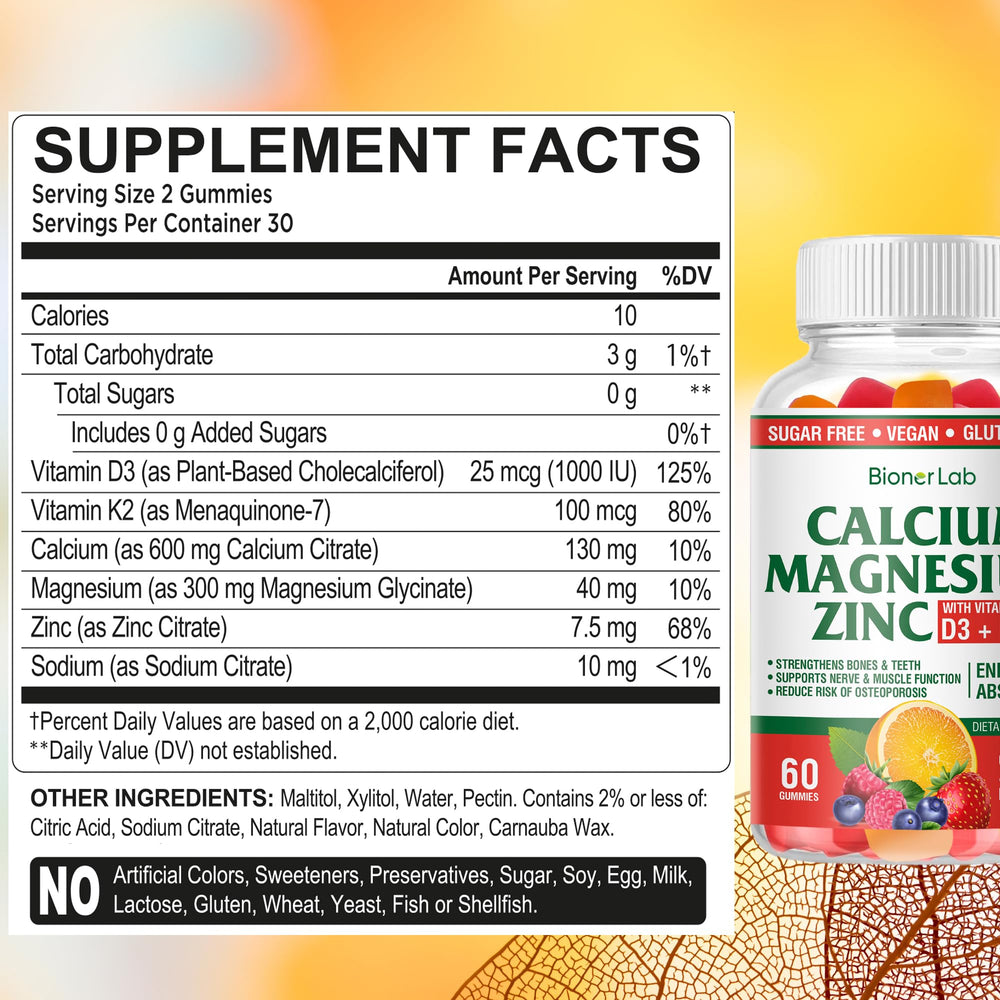 BionerLab ingredientes principales calcio magnesio zinc en primer plano
