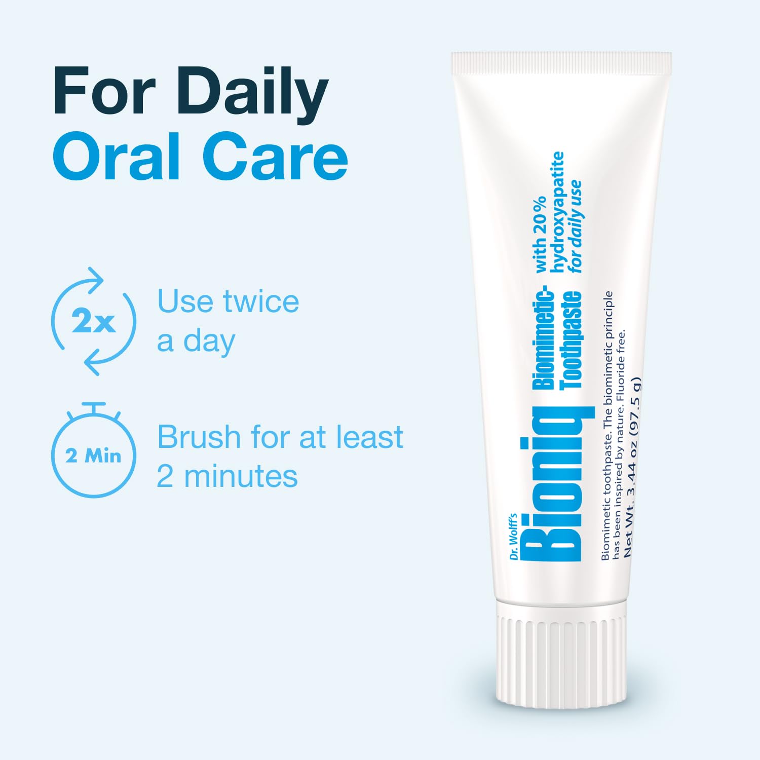 Tubo Bioniq 3.44 oz sobre mano para comparar tamaño y duración estimada