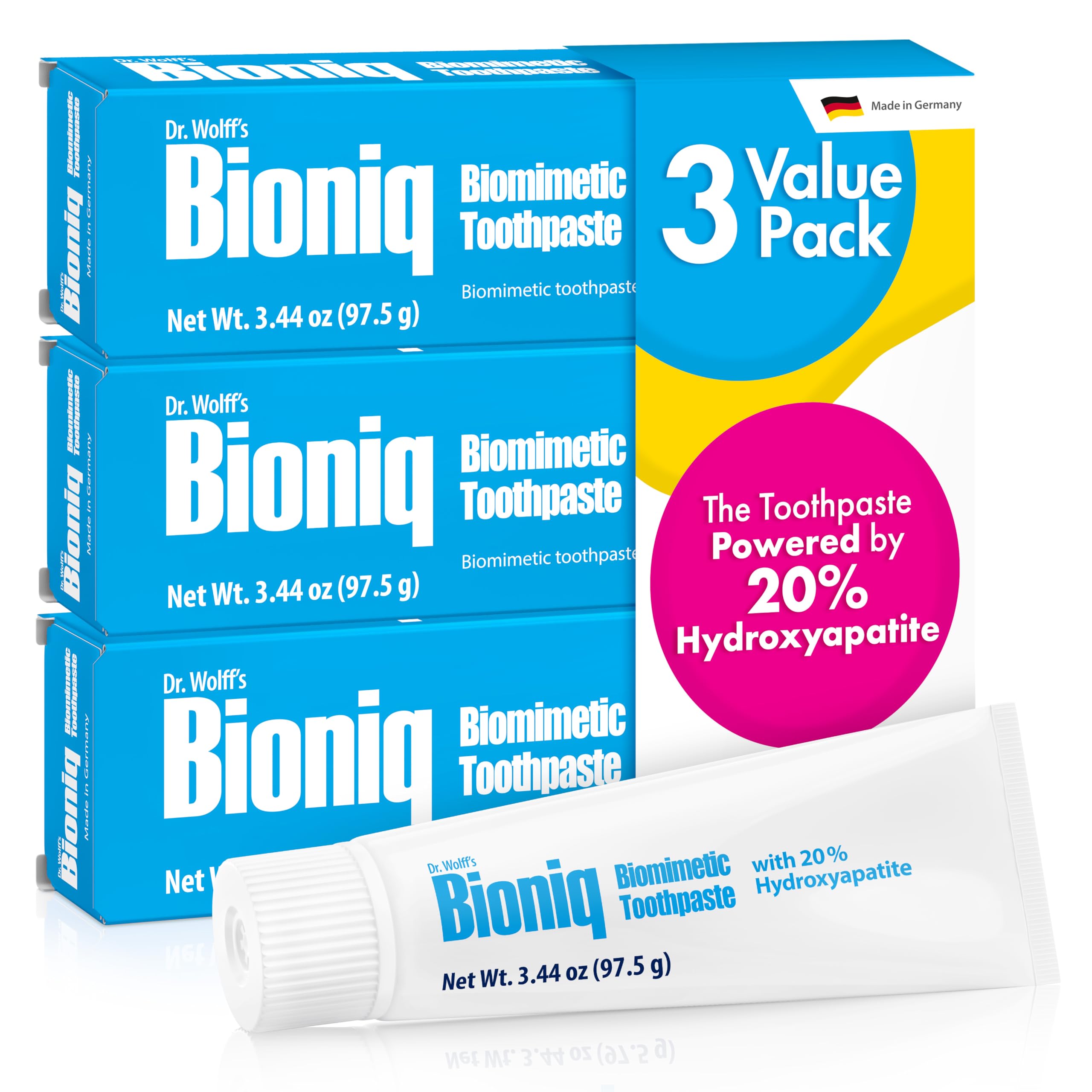 Bioniq tubo frontal mostrando la marca y formato 3.44 oz, beneficio protección del esmalte
