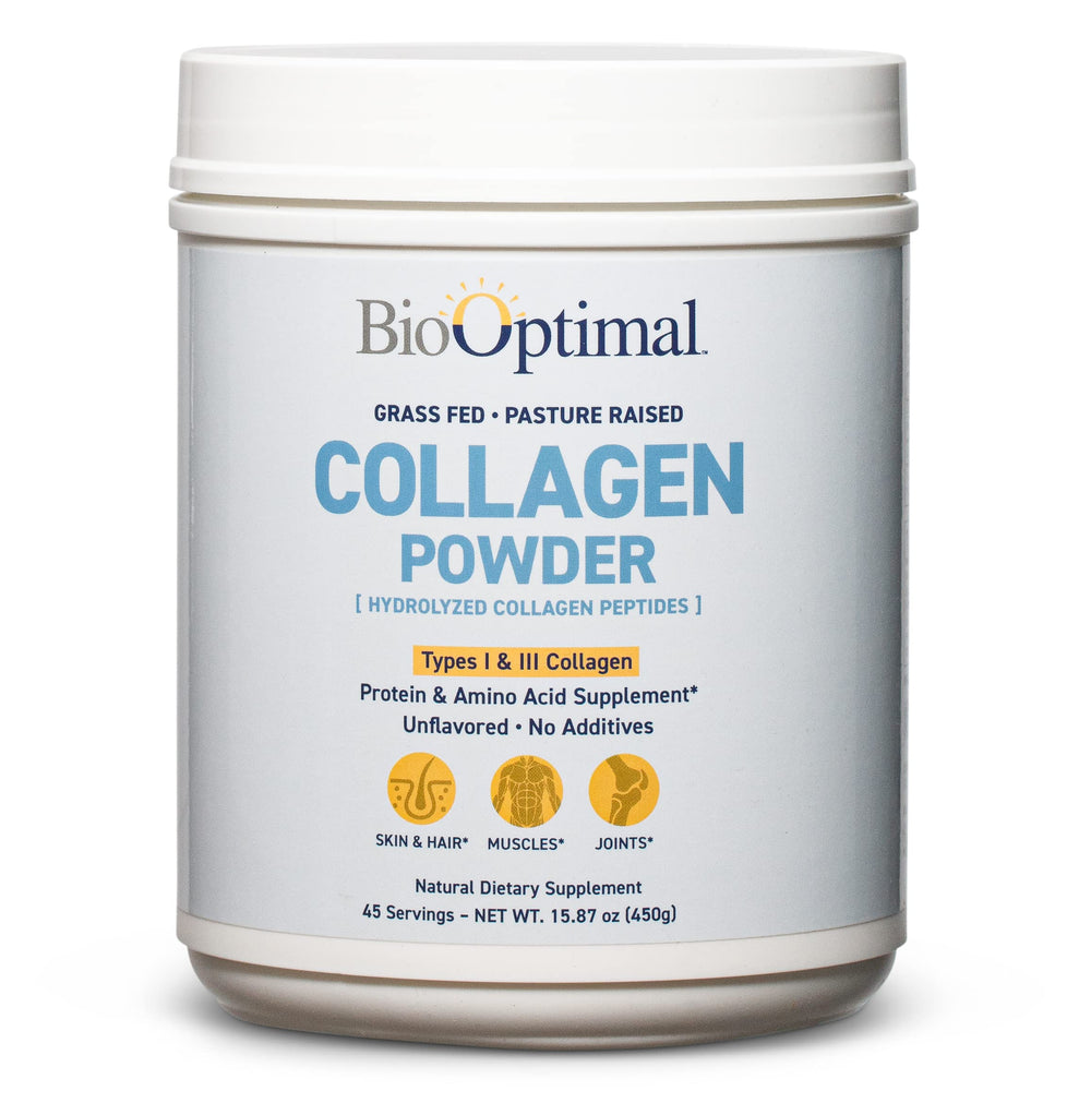 Envase frontal de BioOptimal Collagen Peptides Powder mostrando etiqueta clara y beneficio de 45 porciones