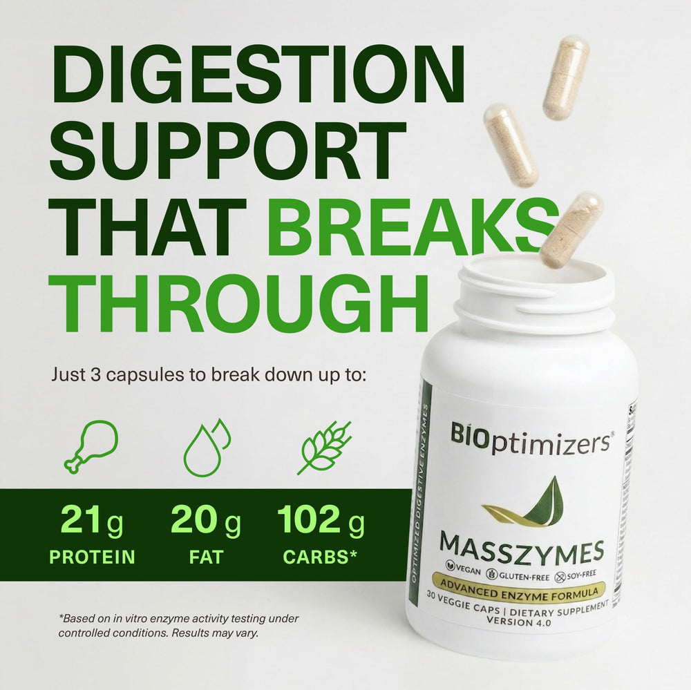 BIOptimizers MassZymes cápsula al lado de una comida para mejor digestión