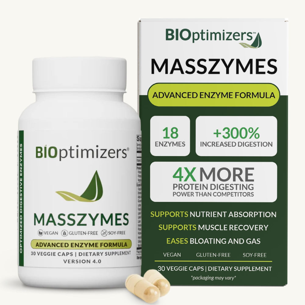 BIOptimizers MassZymes frente del envase mostrando la marca y beneficio digestivo