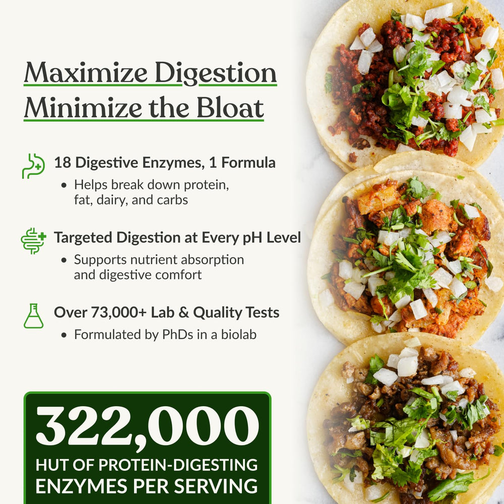 BiOptimizers MassZymes junto a plato mostrando alivio de hinchazón