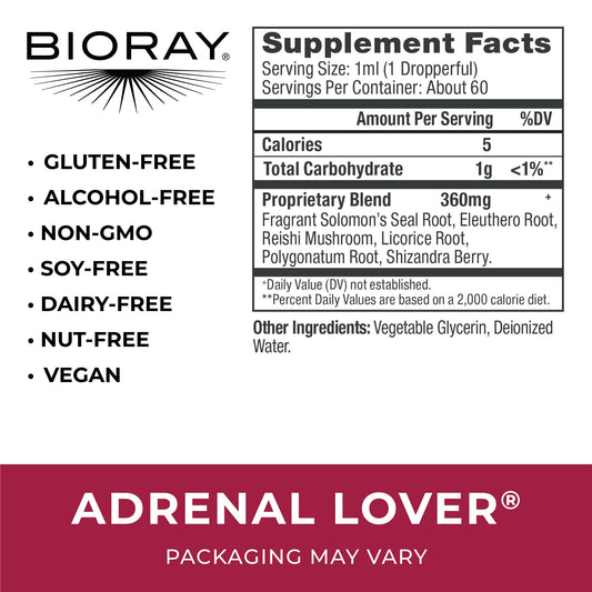 BIORAY Adrenal Lover label—clear packaging highlights non-GMO, vegetarian, alcohol-free formulation.