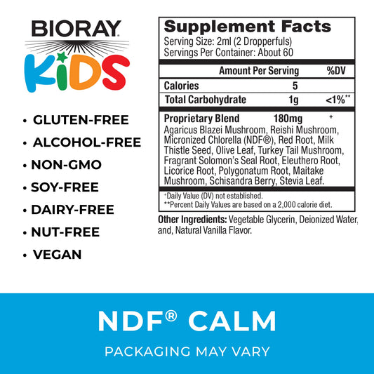 BIORAY Kids NDF Calm ingredients panel showing minerals and mushrooms for liver support.
