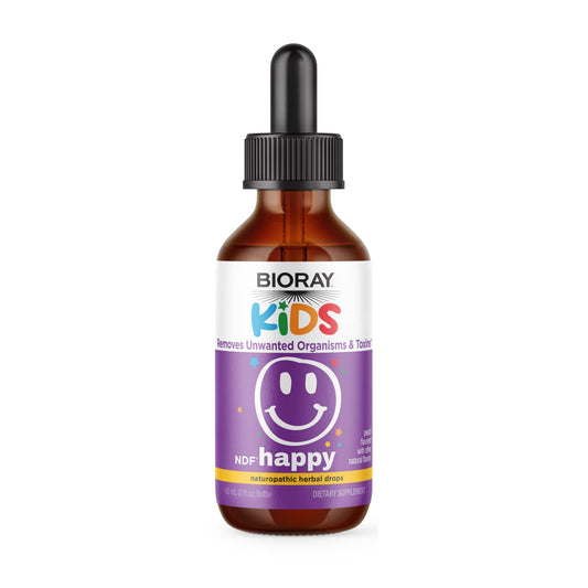 BIORAY frasco Kids NDF Happy vista frontal con etiqueta clara y beneficio de apoyo