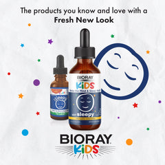 BIORAY Kids NDF Sleepy botella en uso al lado de una cucharita dosificadora