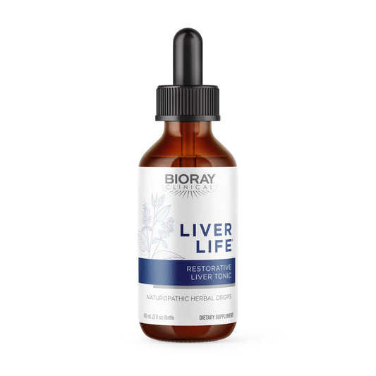 BIORAY Liver Life: botella con etiqueta, apoya la función hepática y la desintoxicación suave.