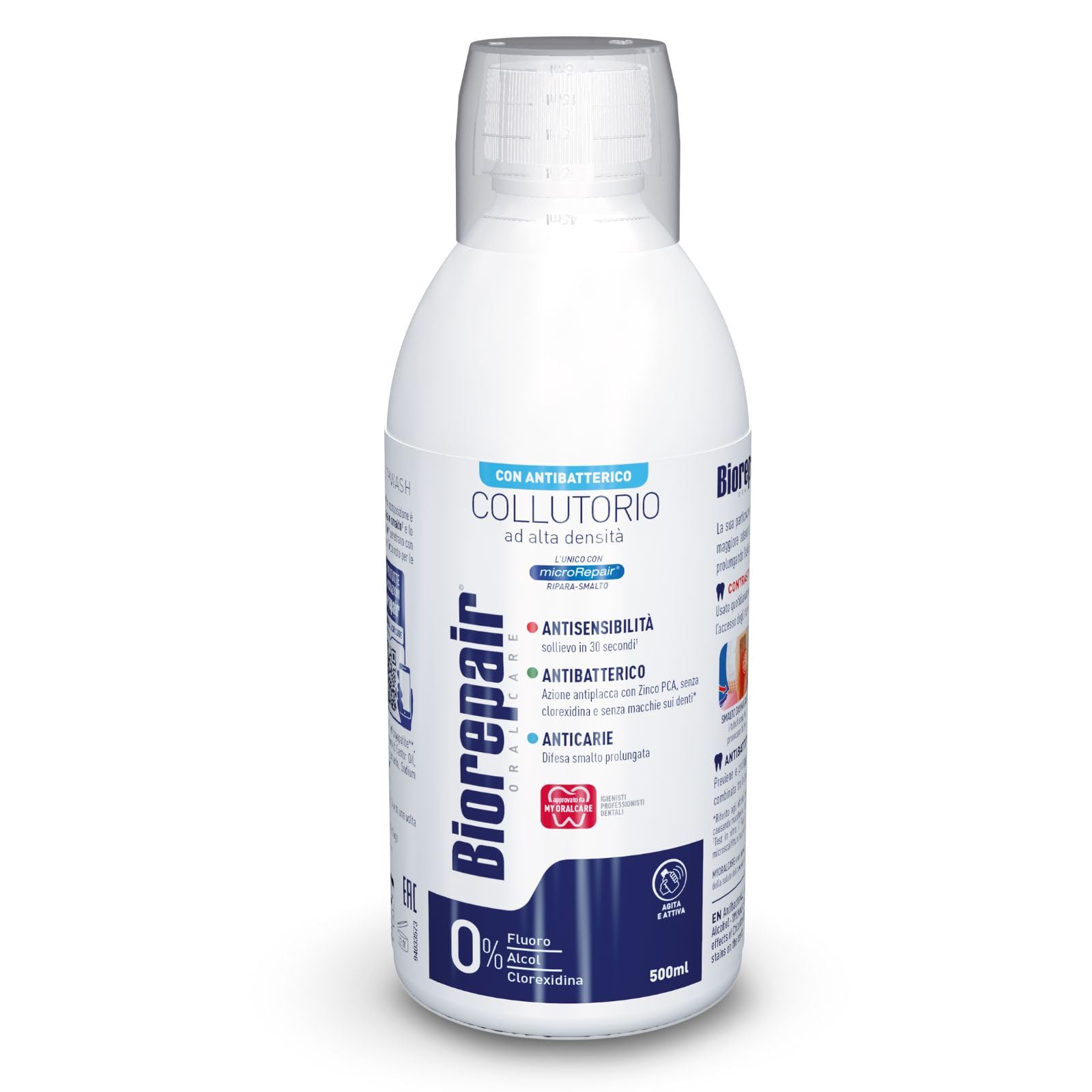 Biorepair enjuague frente del envase mostrando 500 ml y beneficio de limpieza