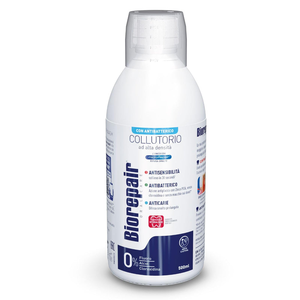 Biorepair enjuague frente del envase mostrando 500 ml y beneficio de limpieza
