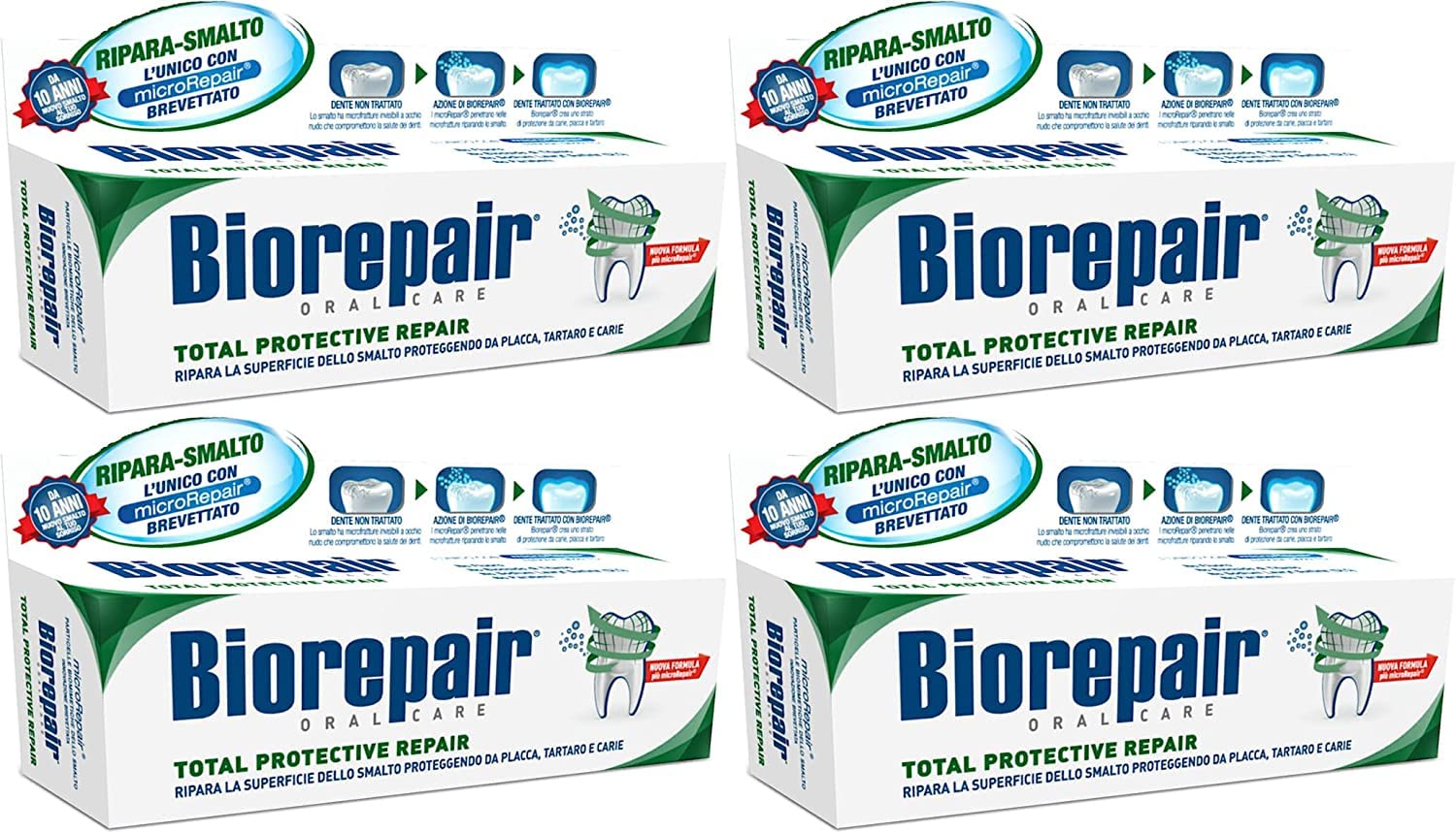 Biorepair frente del tubo paquete de cuatro mostrando el envase italiano y protección del esmalte