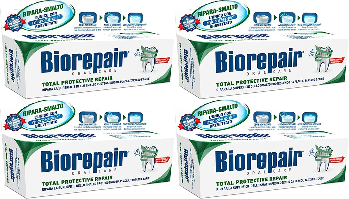 Biorepair frente del tubo paquete de cuatro mostrando el envase italiano y protección del esmalte
