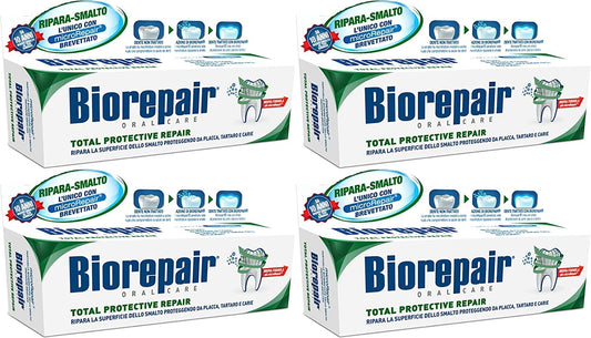 Biorepair frente del tubo paquete de cuatro mostrando el envase italiano y protección del esmalte