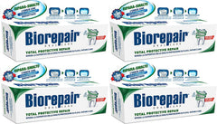 Biorepair frente del tubo paquete de cuatro mostrando el envase italiano y protección del esmalte