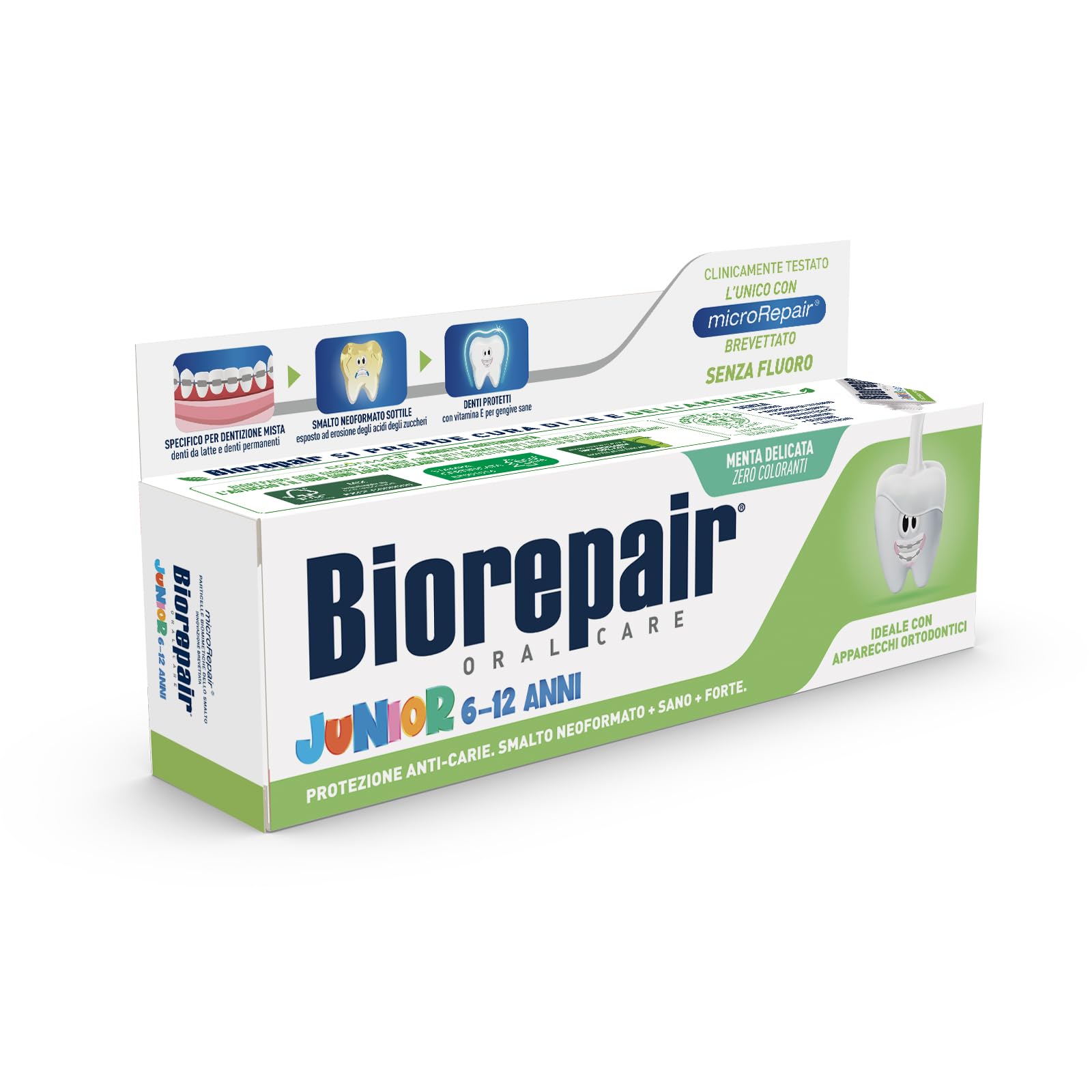 Biorepair tubo frontal mostrando diseño italiano y beneficio protector