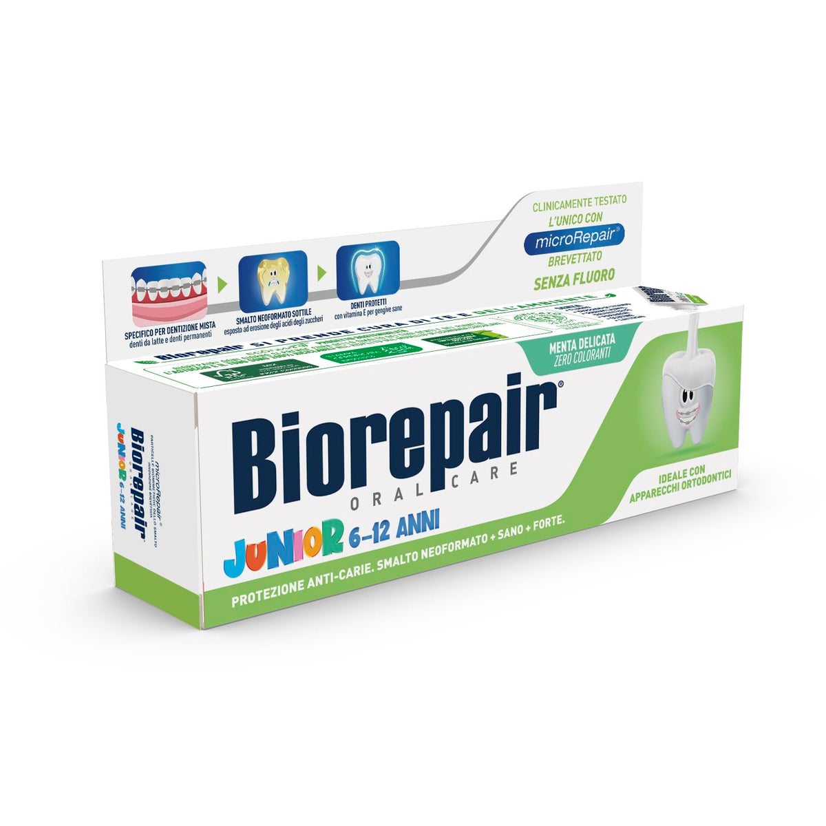 Biorepair tubo frontal mostrando diseño italiano y beneficio protector