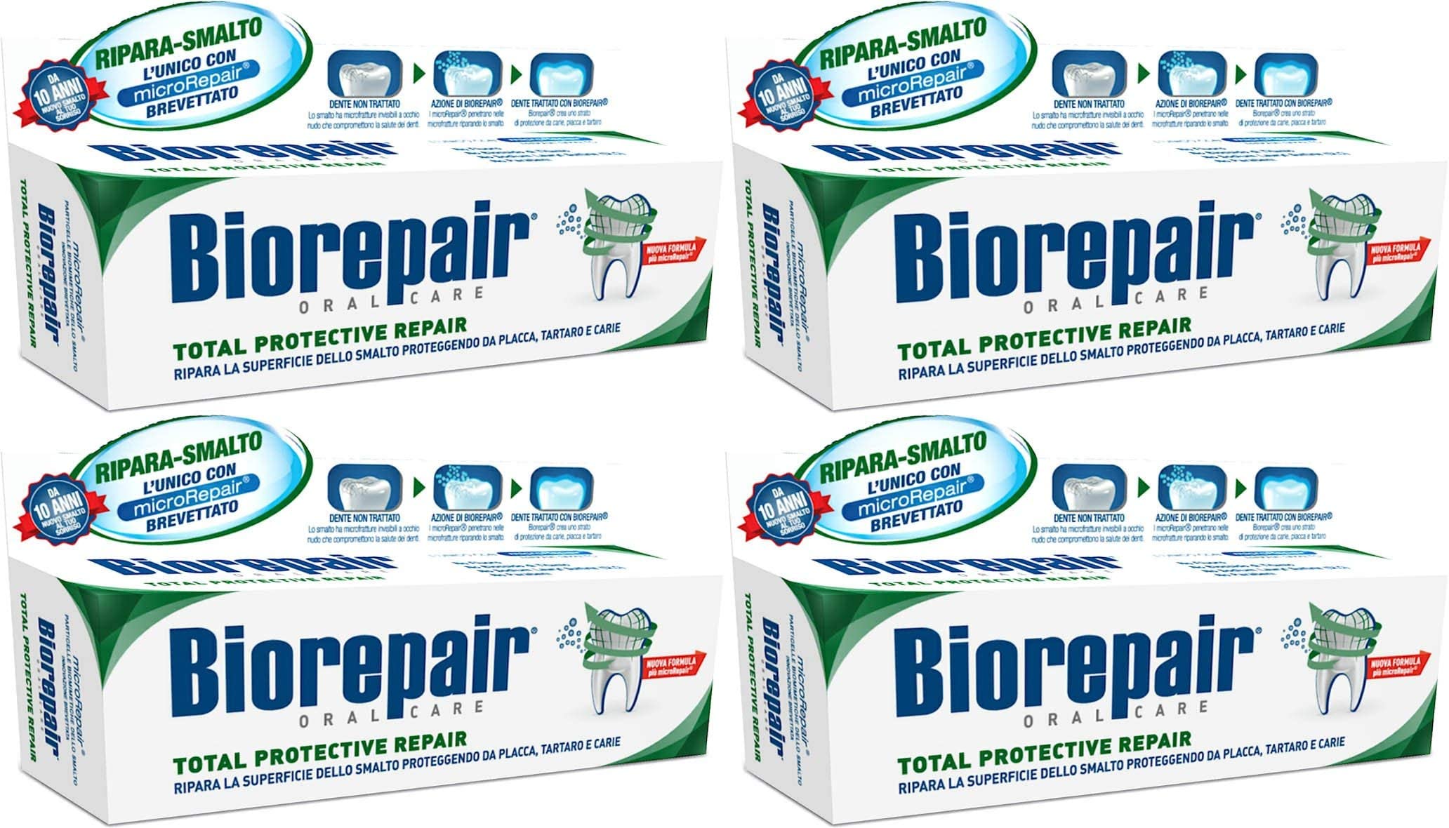 Textura de la pasta Biorepair en primer plano que muestra partículas microRepair y sensación reparadora