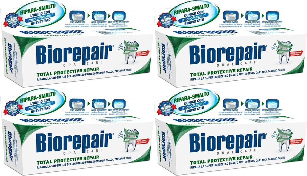 Textura de la pasta Biorepair en primer plano que muestra partículas microRepair y sensación reparadora