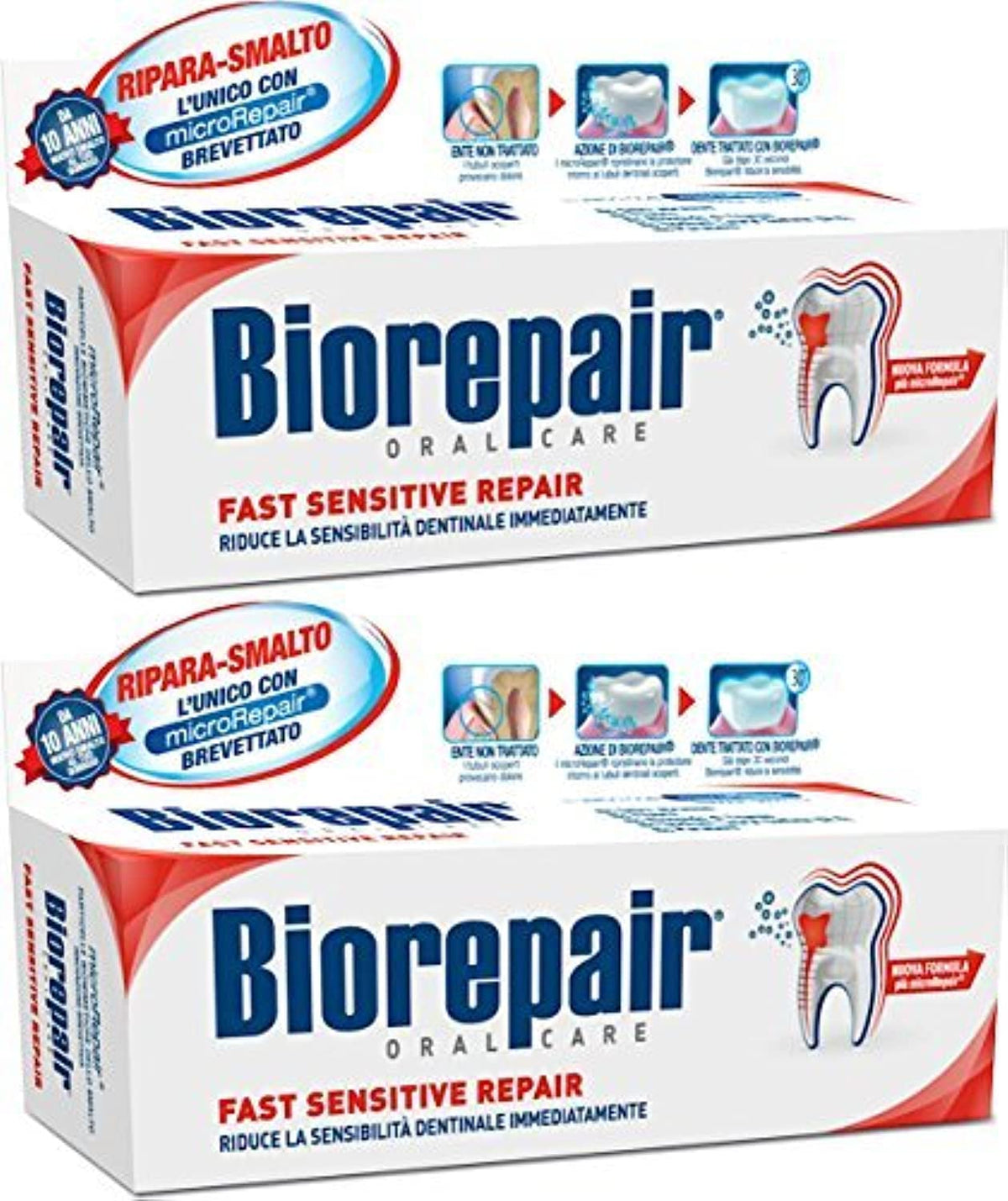 Biorepair tubo frontal mostrando etiqueta y beneficio reparación del esmalte