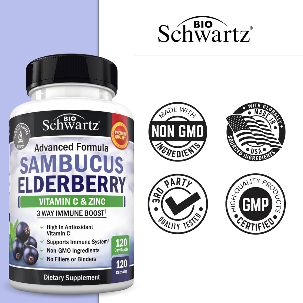 BioSchwartz frasco junto a frutas cítricas en cocina, sugiere aporte de vitamina C natural