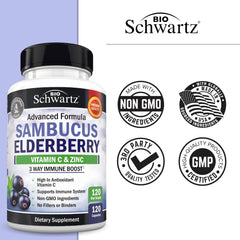 BioSchwartz frasco junto a frutas cítricas en cocina, sugiere aporte de vitamina C natural