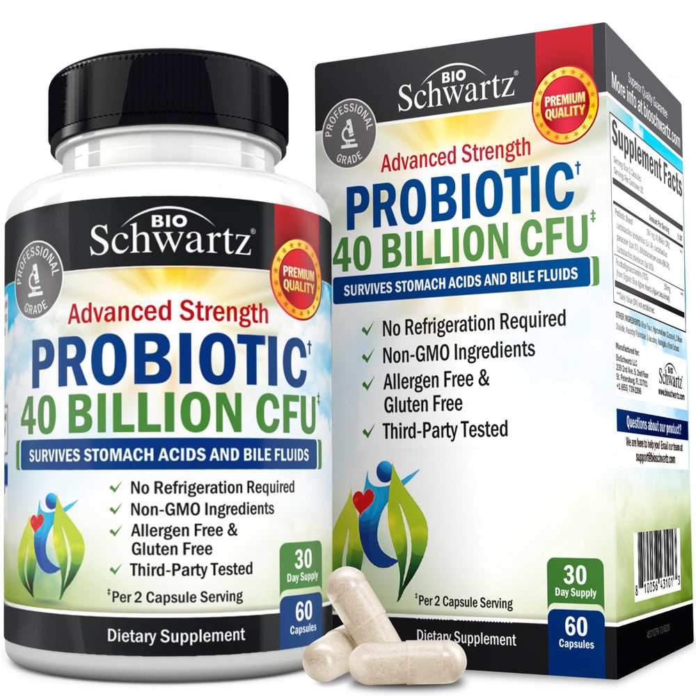 Envase frontal BioSchwartz mostrando 40 billones CFU y 60 cápsulas, confianza respaldada